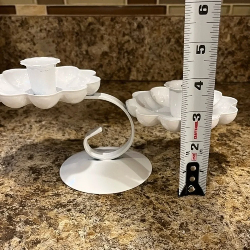 Vintage White Metal Double Candlestick Holder Tiered Flower Shaped